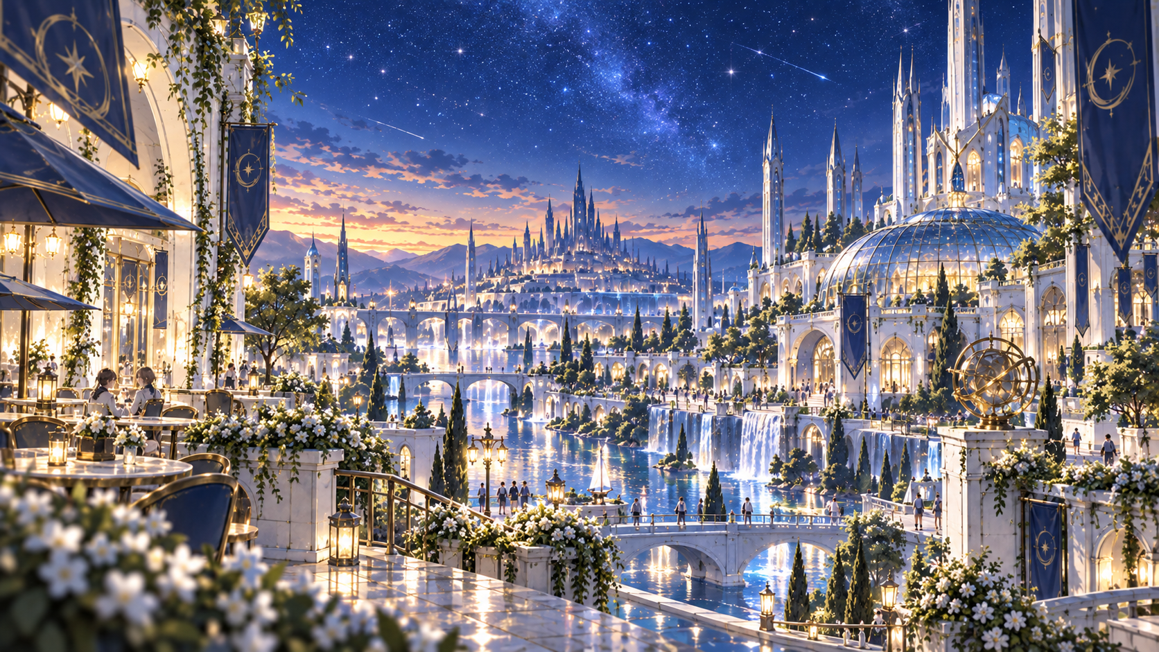 星空と街灯に照らされたリュネアの水辺の学園都市。カフェや橋を学生たちが行き交う日常風景。